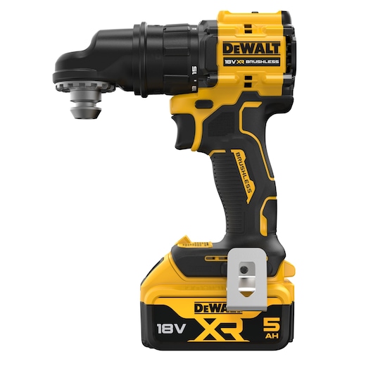 A DEWALT 18V XR Brushless right angle drill with a 5Ah battery pack, shown in yellow and black colors. The tool features a compact design and a side-mounted battery.