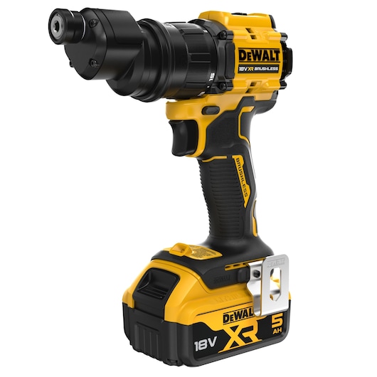 A DEWALT 18V XR brushless cordless power tool with a yellow and black design, featuring a 5.0 Ah battery pack and metal attachment, shown in a side view on a white background.