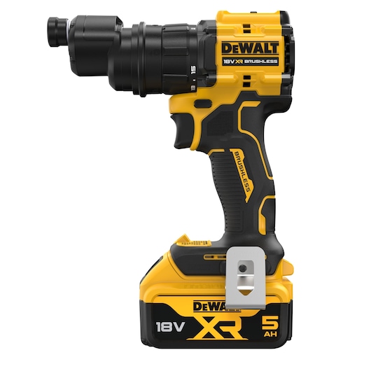 A DEWALT 18V XR Brushless cordless drill with a yellow and black design, fitted with a 5Ah battery.
