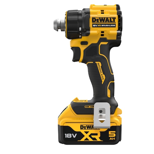 A DEWALT 18V XR brushless cordless drill with a 5Ah battery, shown upright in profile view against a white background.