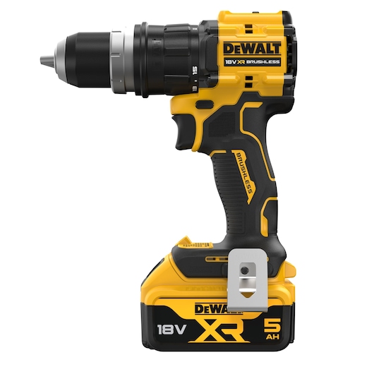Cordless yellow and black DEWALT 18V XR Brushless drill with 5 Ah battery, shown in a side profile view.