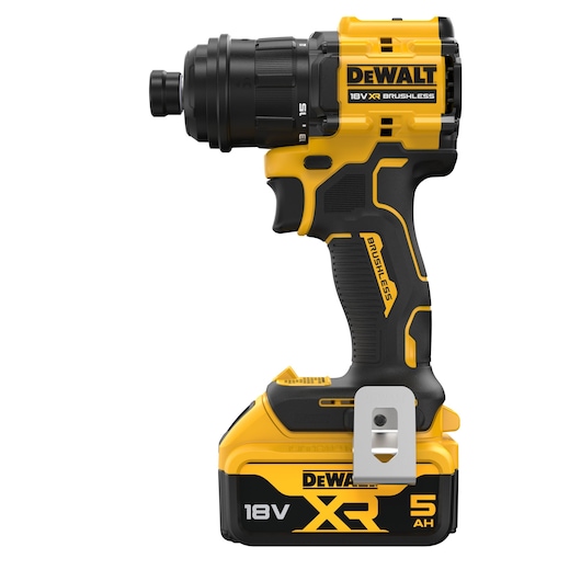 A yellow and black DEWALT cordless drill with brushless motor, 18V XR battery, and 5 Ah capacity. The drill is shown standing upright on a white background.