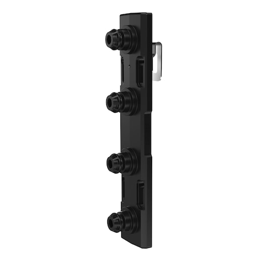 A black, vertical tool accessory with four cylindrical connection ports arranged in a row, viewed from the side. The accessory has a metal clip attached to one side.