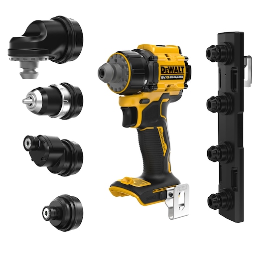 DEWALT cordless drill driver DCD803P2T with yellow and black finish, shown with four interchangeable attachments for different drilling and screwdriving tasks. Also pictured is a black accessory holder with four mounted attachments.
