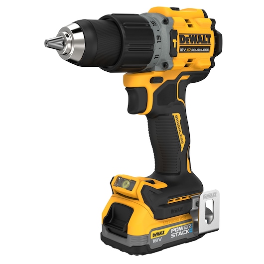 A DEWALT 18V cordless brushless power drill with a yellow and black design, shown from the side with a POWERSTACK battery attached.