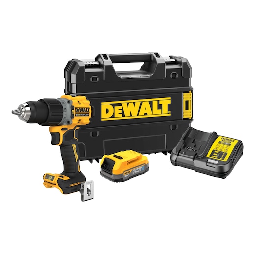 DEWALT cordless drill set with a black and yellow drill, a battery pack, a battery charger, and a black carrying case with the DEWALT logo.