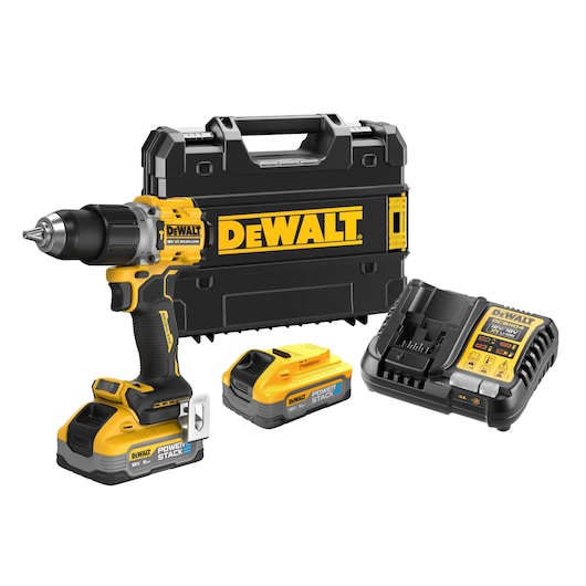 DEWALT cordless drill kit with case, charger, and two batteries displayed.