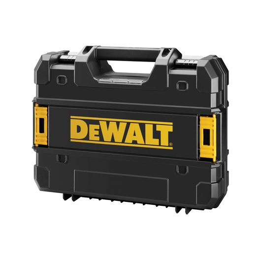 Black and yellow DEWALT tool case with handle, closed and shown against a white background.