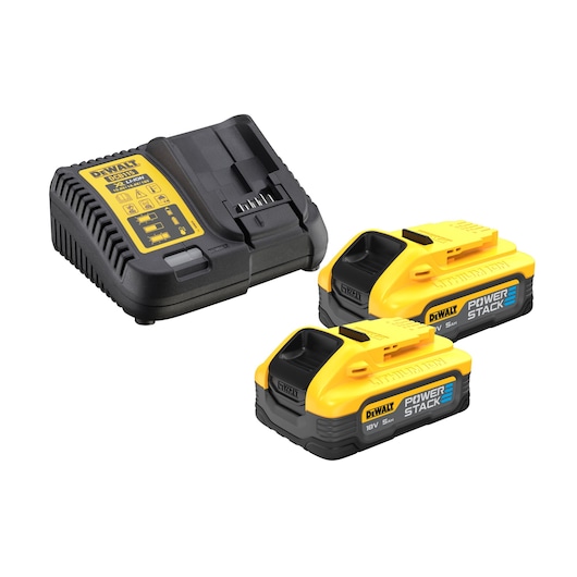 DEWALT charger with two 18V Powerstack Li-Ion batteries, shown on a white background.