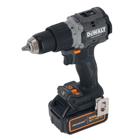 A DEWALT cordless drill with a black and grey body, orange accents, and a visible 18V XR Li-Ion battery pack. The tool is branded with McLaren and DEWALT logos.