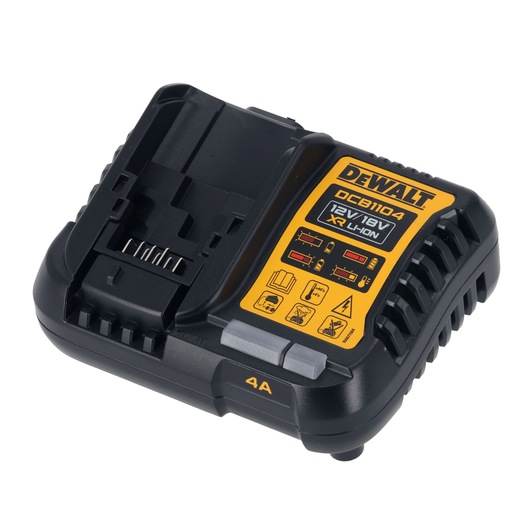 A DEWALT DCB1104 battery charger for 12V and 18V XR Li-Ion batteries, featuring a black and yellow design with indicator lights and function icons on the front.