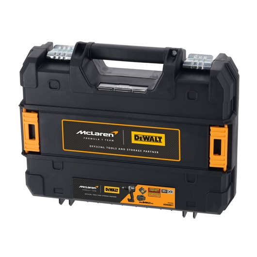 A black and orange DEWALT tool case with the McLaren Formula 1 Team branding. The case has a sturdy handle and metal latches, featuring labels indicating it is the official tools and storage partner.