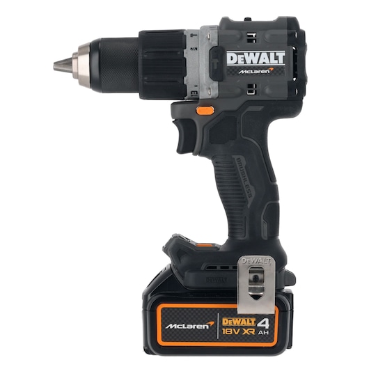 A DEWALT McLaren-branded cordless power drill with an 18V XR battery and a black and orange design.