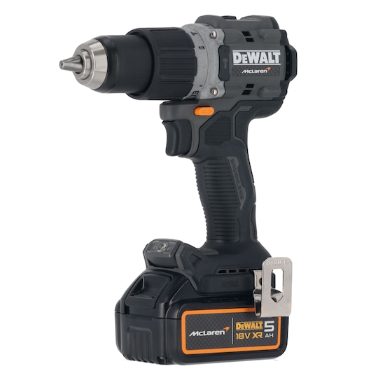DEWALT cordless drill with McLaren branding and 18V XR lithium battery, shown side view on white background.