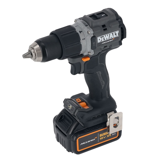 DEWALT 18V cordless drill with McLaren branding and battery, ergonomic black and orange design.