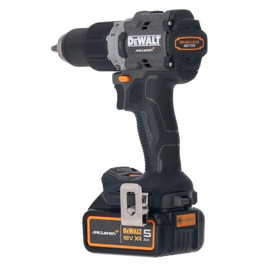 DEWALT cordless 18V drill with brushless motor, black and orange McLaren edition, side view.
