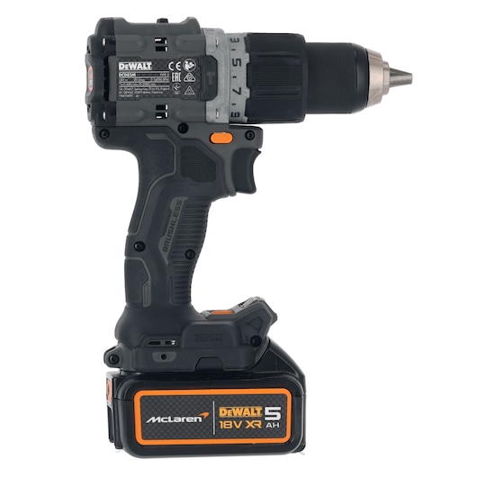 Side view of a DEWALT cordless drill with 18V XR battery and McLaren branding.