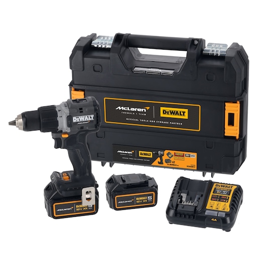 DEWALT cordless drill set with batteries, charger and hard carrying case, co-branded with McLaren.
