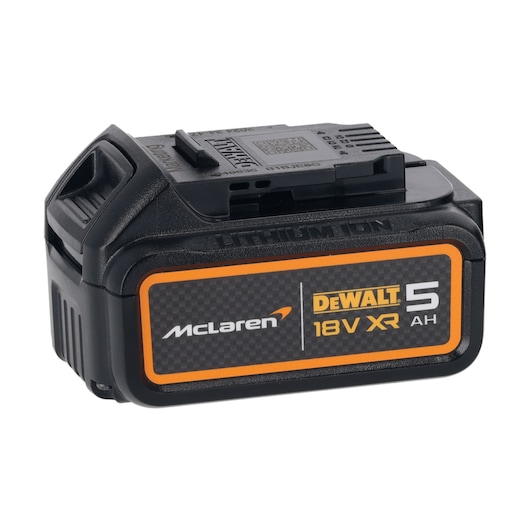 DEWALT 18V XR 5Ah battery with McLaren branding, black and orange design.