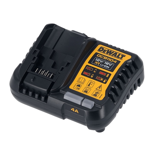 DEWALT DCB1104 battery charger for 12V/18V XR Li-Ion batteries, black and yellow, compact design.