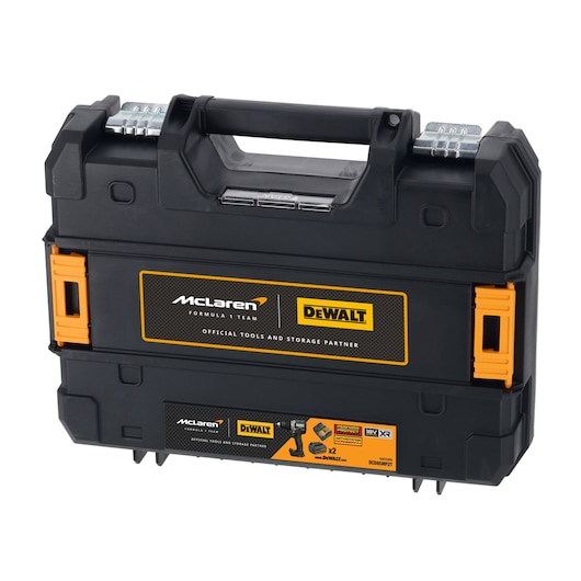 Black DEWALT tool case with McLaren branding, orange latches, sturdy handle, and storage partner label.