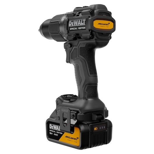 DEWALT cordless drill, McLaren Special Edition, black and yellow, 18V battery visible at the base.