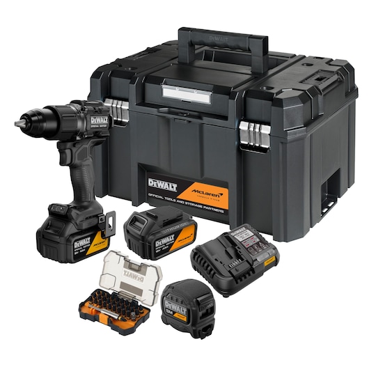 DEWALT tool set with drill, batteries, charger, bit set, and storage box with McLaren branding.