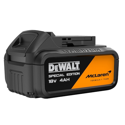 DEWALT McLaren 18V 4Ah lithium-ion battery, special edition, black and orange, shown on white background.