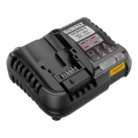 DEWALT battery charger for 12V and 18V XR Li-Ion batteries, black, compact design, labeled controls.