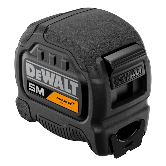 DEWALT 5M tape measure with McLaren branding in black and yellow, compact and durable design.