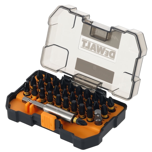 DEWALT screwdriving bit set with case, multiple bits and accessories organized in orange tray.