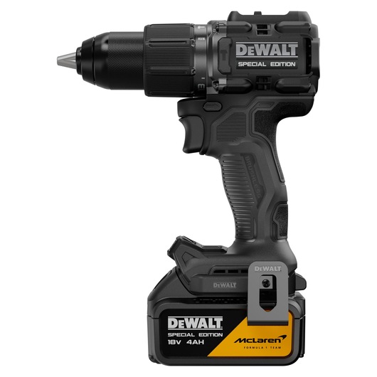 DEWALT x McLaren F1 Team 18V XR Special Edition Hammer Drill Driver with 4Ah battery front side view