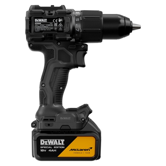 DEWALT x McLaren F1 Team 18V XR Special Edition Hammer Drill Driver with 4Ah battery rear side view