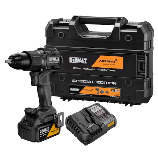 DEWALT cordless drill, battery charger and black special edition case with McLaren branding.