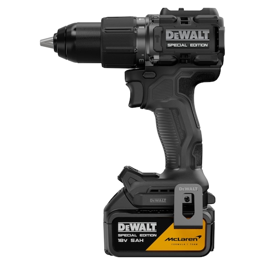 DEWALT Special Edition cordless drill with black design and McLaren branding on battery.