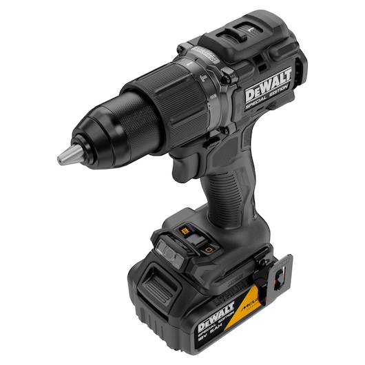 DEWALT cordless power drill with battery, black and yellow, Special Edition model shown upright.