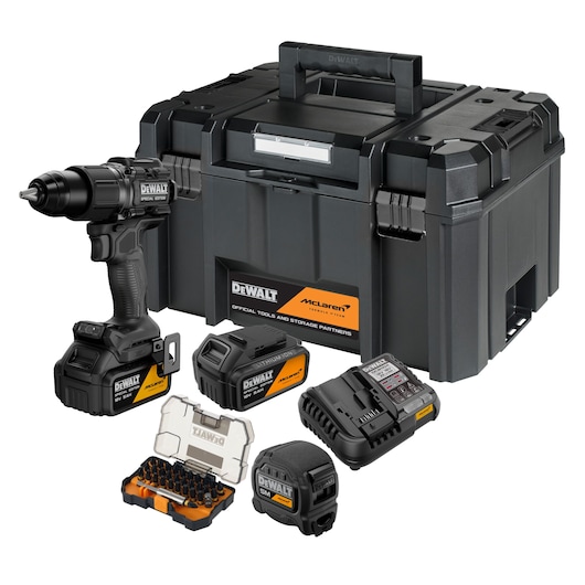 DEWALT drill set with case, batteries, charger, bit set and tape measure, McLaren edition.