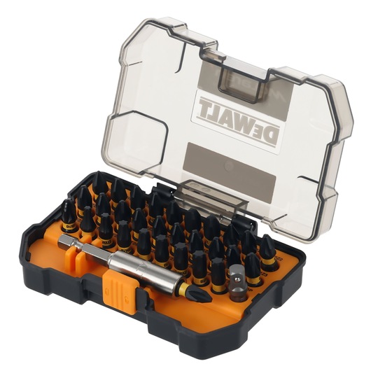 DEWALT bit set in a black and orange plastic case with a transparent lid, organized for easy tool selection.