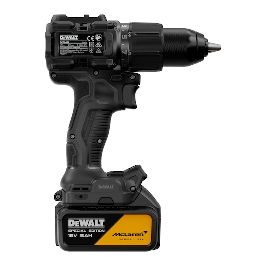 DEWALT DCD86MP2T-QW, DCD86MP2T photography tool, McLaren Edition, black/yellow, cordless drill side view.