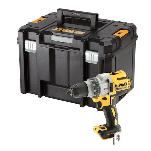A DEWALT cordless drill with a black and yellow tool storage case behind it.