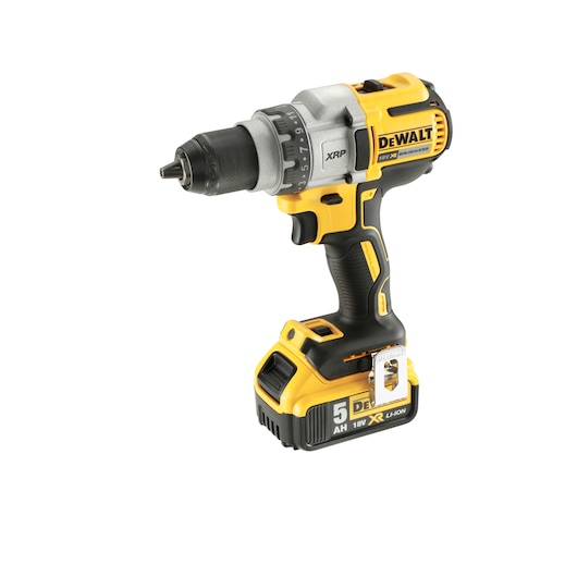 A DEWALT cordless power drill with a yellow and black design, featuring an 18V XR lithium-ion battery and a metal belt clip.
