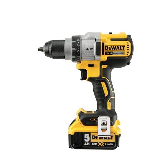 A DEWALT DCD991P2 cordless drill with yellow and black design, featuring an 18V XR Li-Ion battery pack and an ergonomic handle.