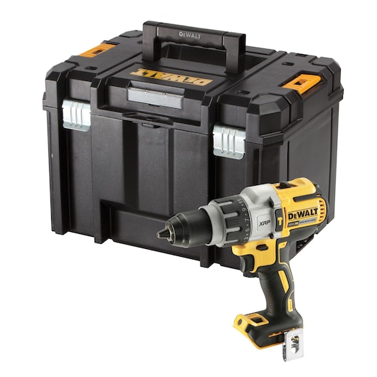 DEWALT power drill with black tool case. Drill is yellow and black, shown in front of sturdy storage box.
