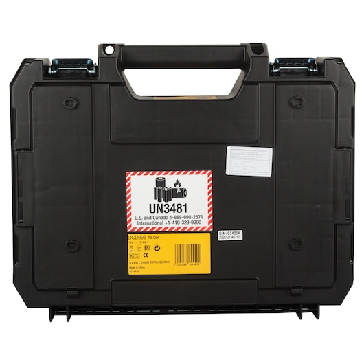 DEWALT tool case for SKUs DCD996P2, DCD996P2-QW, labeled UN3481 for battery transport.