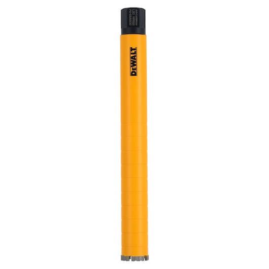 A DEWALT-branded yellow cylindrical core drill bit with a black end, photographed against a white background.