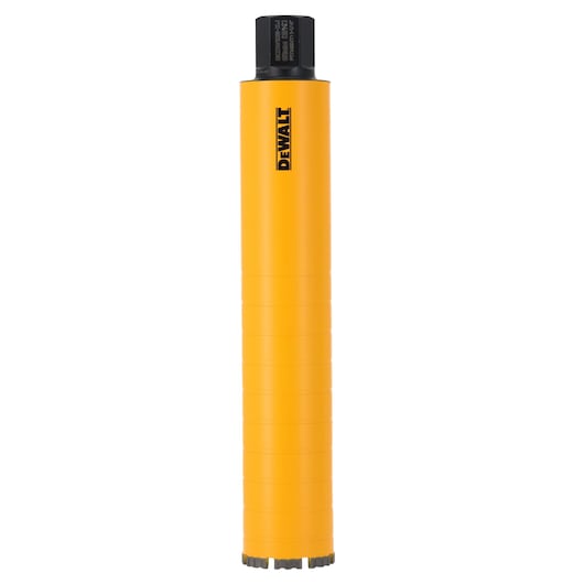 DEWALT yellow cylindrical core drill bit for heavy-duty drilling, shown upright against a white background.