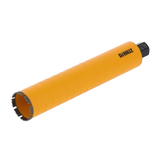 Yellow DEWALT core drill bit with serrated tip, used for heavy-duty drilling in masonry and concrete.