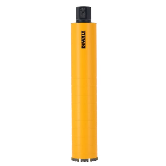 A yellow cylindrical DEWALT core drill bit with a black connector at the top, shown vertically against a white background.