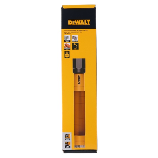 DEWALT core drill bit in yellow-black packaging standing upright. Product features shown on the box front.
