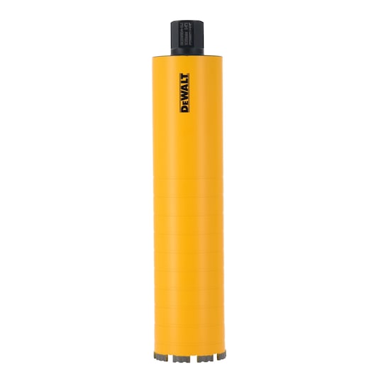 A DEWALT branded yellow cylindrical core drill bit designed for use with drilling machines, shown upright against a white background.